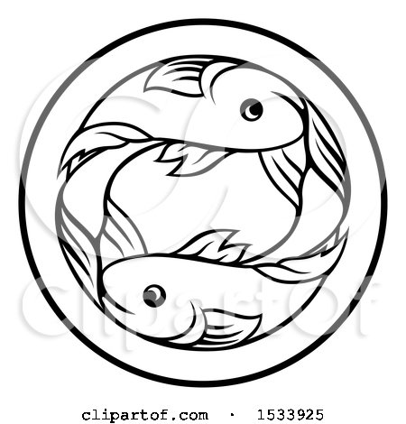 Clipart of a Zodiac Horoscope Astrology Pisces Fish Circle Design in Black and White - Royalty Free Vector Illustration by AtStockIllustration