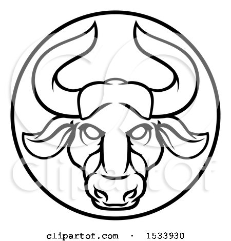 Clipart of a Zodiac Horoscope Astrology Taurus Bull Circle Design in Black and White - Royalty Free Vector Illustration by AtStockIllustration