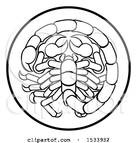 Clipart of a Zodiac Horoscope Astrology Scorpio Circle Design in Black and White - Royalty Free Vector Illustration by AtStockIllustration