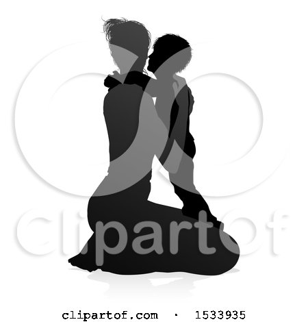 Clipart of a Silhouetted Mother Kneeling and Hugging Her Son, with a Shadow on a White Background - Royalty Free Vector Illustration by AtStockIllustration