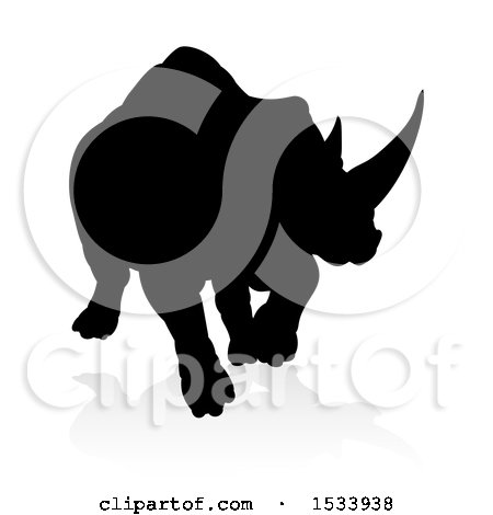Clipart of a Silhouetted Charging Rhino with a Shadow on a White Background - Royalty Free Vector Illustration by AtStockIllustration
