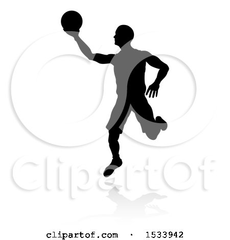 Clipart of a Silhouetted Basketball Player with a Reflection or Shadow, on a White Background - Royalty Free Vector Illustration by AtStockIllustration