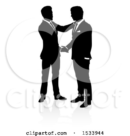 Clipart of Silhouetted Business Men Shaking Hands, with a Shadow on a White Background - Royalty Free Vector Illustration by AtStockIllustration
