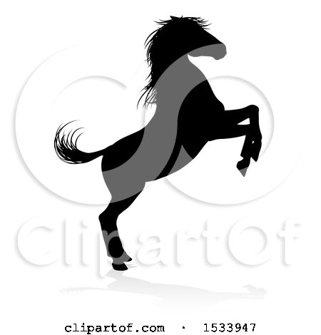 Clipart of a Silhouetted Rearing Horse with a Shadow on a White Background - Royalty Free Vector Illustration by AtStockIllustration
