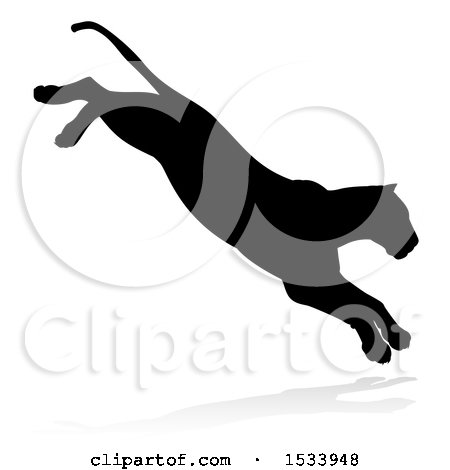 Clipart of a Silhouetted Lioness Pouncing, with a Shadow on a White Background - Royalty Free Vector Illustration by AtStockIllustration