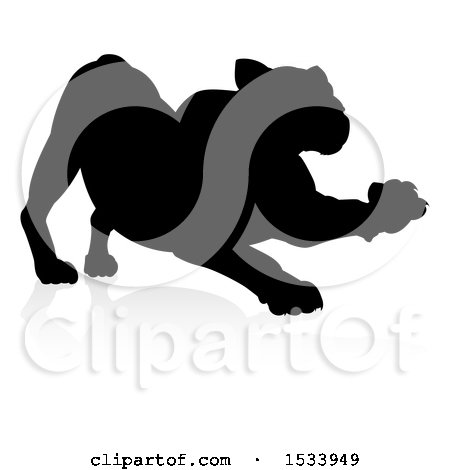 Clipart of a Silhouetted Lioness Stretching, with a Shadow on a White Background - Royalty Free Vector Illustration by AtStockIllustration