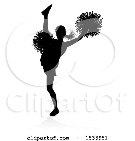 Clipart of a Silhouetted Cheerleader with a Reflection or Shadow, on a White Background - Royalty Free Vector Illustration by AtStockIllustration