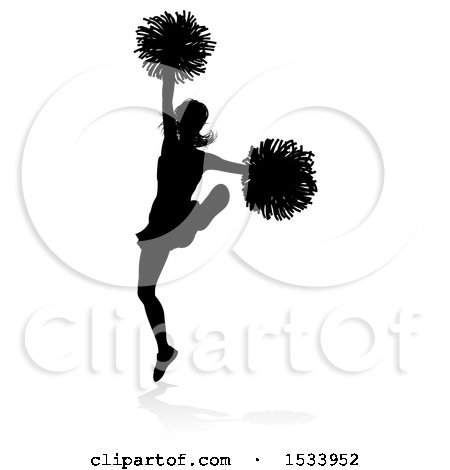 Clipart of a Silhouetted Cheerleader with a Reflection or Shadow, on a White Background - Royalty Free Vector Illustration by AtStockIllustration