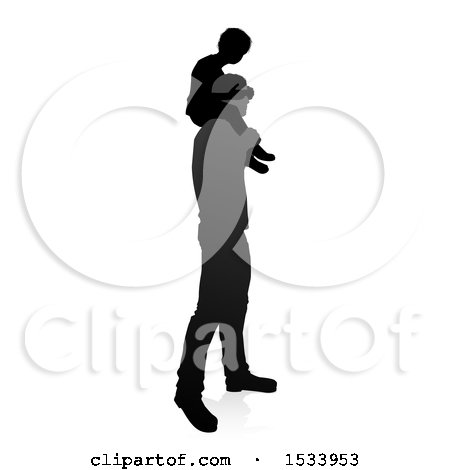 Clipart of a Silhouetted Father Carrying His Son on His Shoulders, with a Shadow on a White Background - Royalty Free Vector Illustration by AtStockIllustration