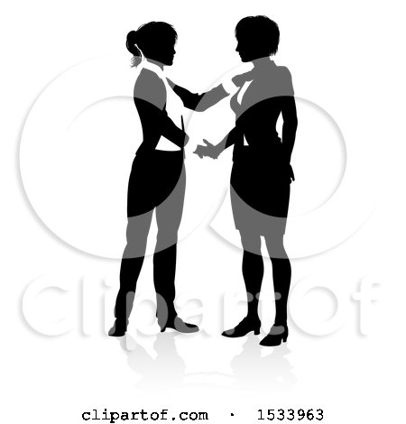 Clipart of Silhouetted Business Women Shaking Hands, with a Shadow on a White Background - Royalty Free Vector Illustration by AtStockIllustration