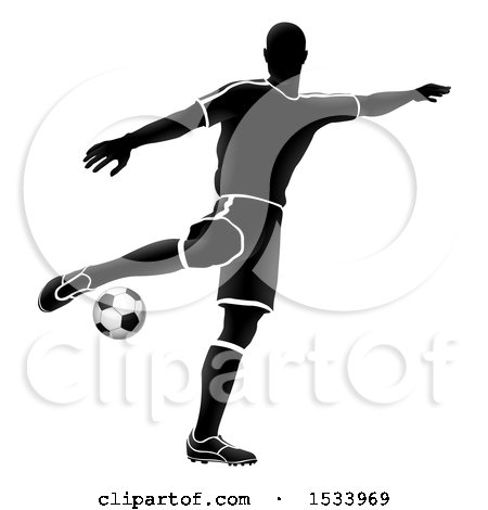 Clipart of a Silhouetted Soccer Player in Action - Royalty Free Vector Illustration by AtStockIllustration