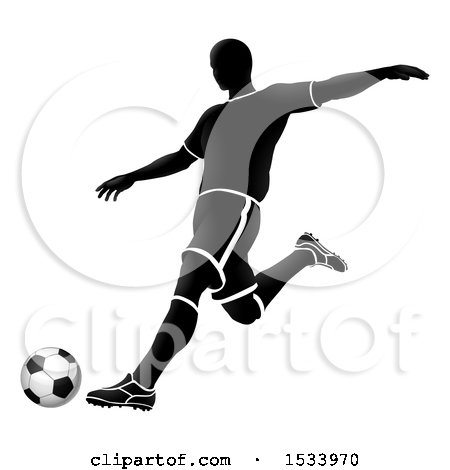 Clipart of a Silhouetted Soccer Player in Action - Royalty Free Vector Illustration by AtStockIllustration