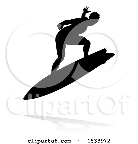 Clipart of a Silhouetted Surfer with a Reflection or Shadow, on a White Background - Royalty Free Vector Illustration by AtStockIllustration