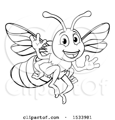 Clipart of a Black and White Happy Friendly Bee Mascot Waving - Royalty Free Vector Illustration by AtStockIllustration
