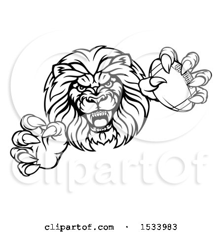 Clipart of a Black and White Charging Male Lion Monster Holding a Football - Royalty Free Vector Illustration by AtStockIllustration