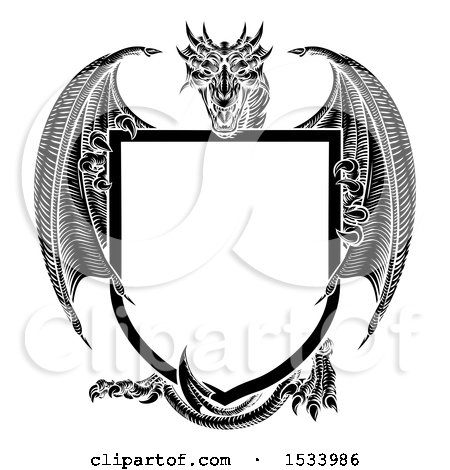 Clipart of a Black and White Dragon Holding a Shield - Royalty Free Vector Illustration by AtStockIllustration