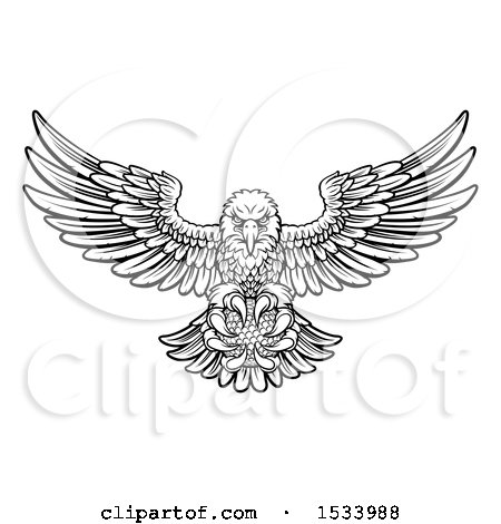 Clipart of a Black and White Swooping American Bald Eagle with a Golf Ball in His Talons - Royalty Free Vector Illustration by AtStockIllustration