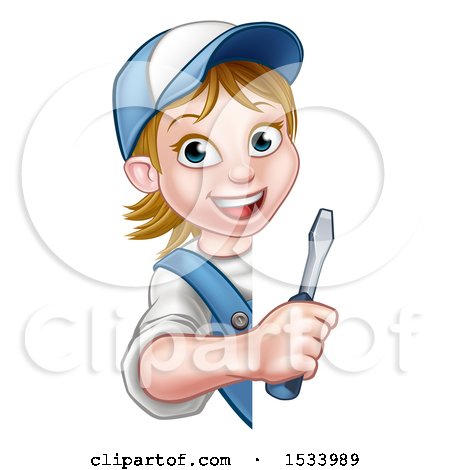 Clipart of a White Female Electrician Holding a Screwdriver Around a Sign - Royalty Free Vector Illustration by AtStockIllustration