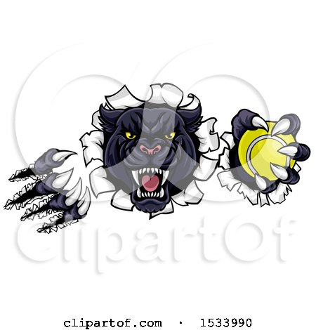 Clipart of a Black Panther Mascot Shredding Through a Wall with a Tennis Ball - Royalty Free Vector Illustration by AtStockIllustration