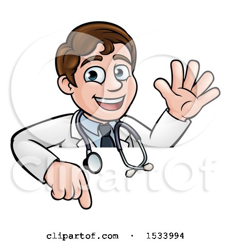 Clipart of a Cartoon Friendly Brunette White Male Doctor Waving over a Sign - Royalty Free Vector Illustration by AtStockIllustration