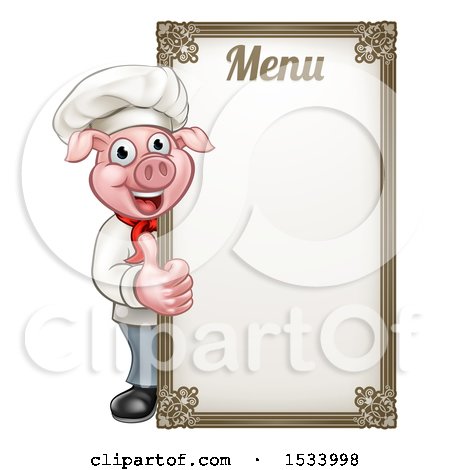 Clipart of a Chef Pig Giving a Thumb up Around a Menu Board - Royalty Free Vector Illustration by AtStockIllustration