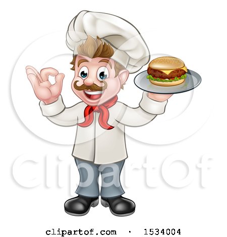 Clipart of a White Male Chef Gesturing Ok and Holding a Cheeseburger on a Tray - Royalty Free Vector Illustration by AtStockIllustration