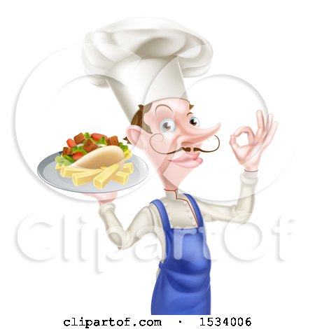 Clipart of a White Male Chef with a Curling Mustache, Holding a Souvlaki Kebab Sandwich and French Fries on a Tray - Royalty Free Vector Illustration by AtStockIllustration
