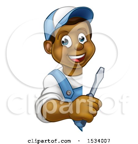 Clipart of a Black Male Electrician Holding a Screwdriver Around a Sign - Royalty Free Vector Illustration by AtStockIllustration