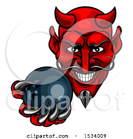 Clipart of a Grinning Evil Red Devil Holding out a Bowling Ball in a Clawed Hand - Royalty Free Vector Illustration by AtStockIllustration