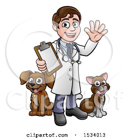 Clipart of a Cartoon Happy May Veterinarian Waving and Holding a Clipboard, with a Dog and Cat - Royalty Free Vector Illustration by AtStockIllustration