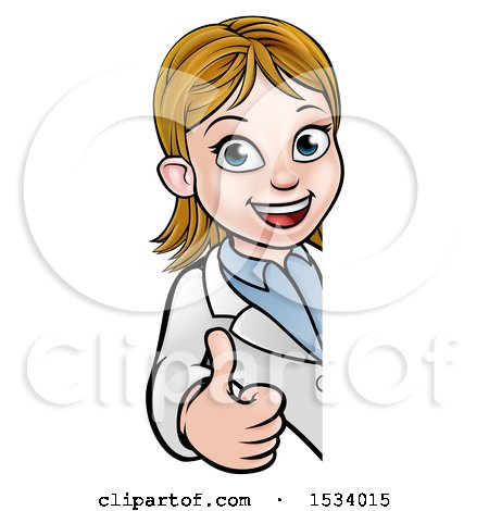 Clipart of a Cartoon Friendly White Female Scientist Giving a Thumb up Around a Sign - Royalty Free Vector Illustration by AtStockIllustration