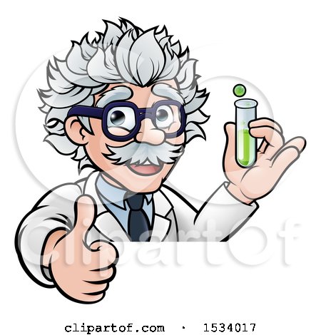 Clipart of a Cartoon Senior Male Scientist Giving a Thumb up and Holding a Test Tube over a Sign - Royalty Free Vector Illustration by AtStockIllustration