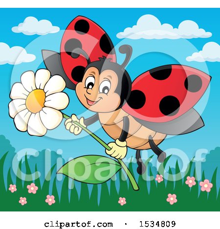 Clipart of a Ladybug Flying with a Flower - Royalty Free Vector Illustration by visekart