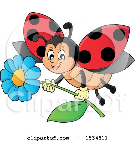 Clipart of a Ladybug Flying with a Flower - Royalty Free Vector Illustration by visekart