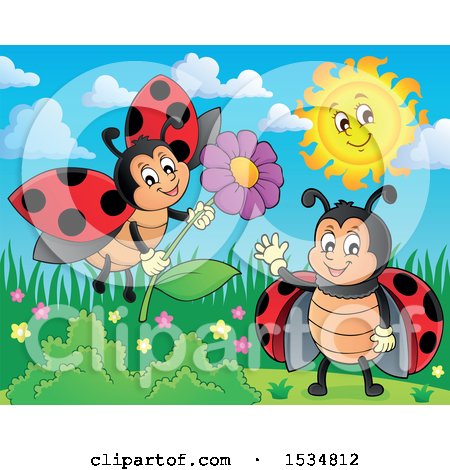 Clipart of Ladybugs Waving and Holding a Flower - Royalty Free Vector Illustration by visekart