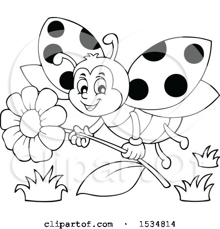 Clipart of a Black and White Ladybug Flying with a Flower - Royalty Free Vector Illustration by visekart