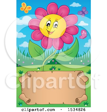 Clipart of a Parchment Scroll Under a Pink Daisy Flower Character - Royalty Free Vector Illustration by visekart