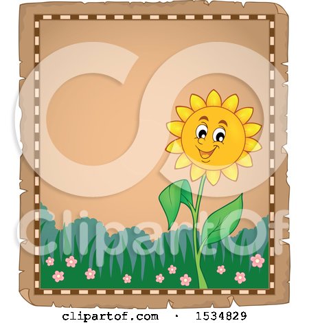 Clipart of a Parchment Border of a Sunflower Character - Royalty Free Vector Illustration by visekart