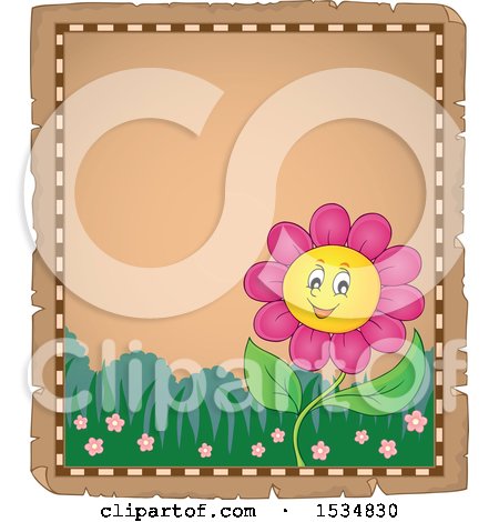 Clipart of a Parchment Border of a Pink Daisy Flower Character - Royalty Free Vector Illustration by visekart