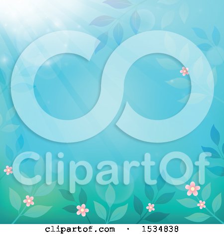Clipart of a Blue and Green Flower and Leaf Background with Sun Rays - Royalty Free Vector Illustration by visekart