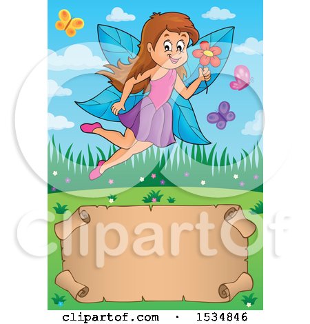 Clipart of a Parchment Scroll Under a Happy Fairy Flying with a Flower - Royalty Free Vector Illustration by visekart