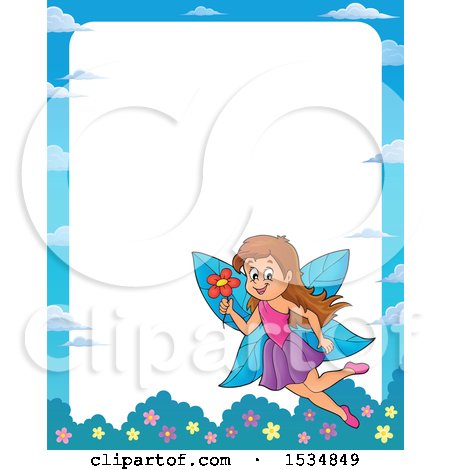 Clipart of a Border with a Happy Fairy Flying with a Flower - Royalty Free Vector Illustration by visekart