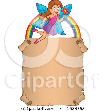 Clipart of a Parchment Scroll Under a Rainbow and Happy Fairy Flying with a Flower - Royalty Free Vector Illustration by visekart