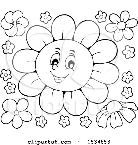 Clipart of a Black and White Daisy Flower Character - Royalty Free Vector Illustration by visekart