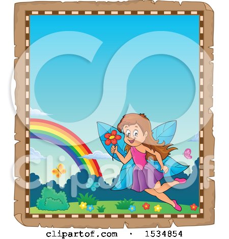 Clipart of a Parchment Border with a Happy Fairy Flying with a Flower - Royalty Free Vector Illustration by visekart