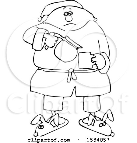 Clipart of a Cartoon Lineart Black Man in Slippers and Pajamas, Pouring His Morning Coffee - Royalty Free Vector Illustration by djart