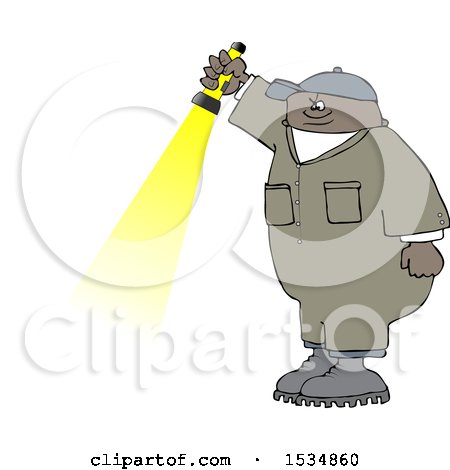 Clipart of a Cartoon Black Male Worker Shining a Flashlight - Royalty Free Vector Illustration by djart