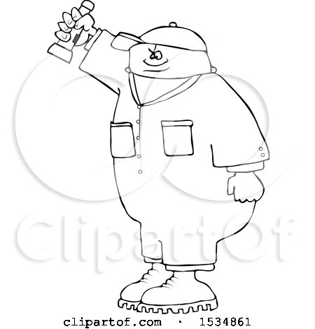 Clipart of a Cartoon Lineart Black Male Worker Shining a Flashlight - Royalty Free Vector Illustration by djart