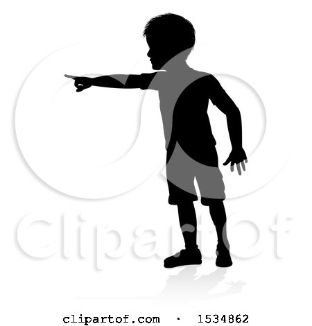 Clipart of a Silhouetted Boy Pointing with a Reflection or Shadow, on a White Background - Royalty Free Vector Illustration by AtStockIllustration