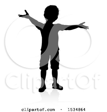 Clipart of a Silhouetted Boy Welcoming with a Reflection or Shadow, on a White Background - Royalty Free Vector Illustration by AtStockIllustration